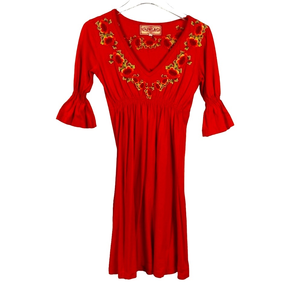 Johnny Was JWLA Dress Boho Heavy Embroider Smock Bird Orange Floral Birds S